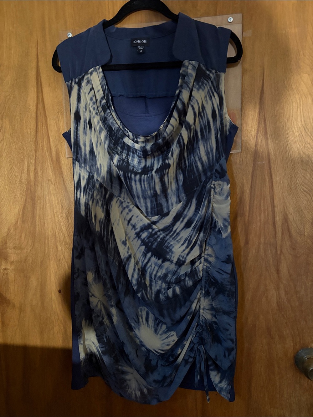 Ronen Chen Blue and Cream Sleeveless Tie-Dye Draped Dress